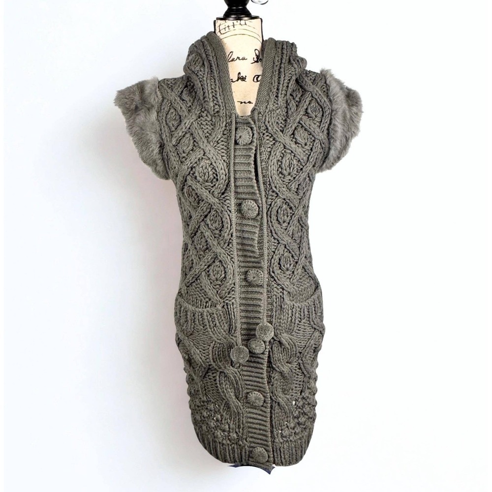Sweet by Miss Me Gray Cable Knit Hooded Long Sweater Vest Faux Fur Trim Small